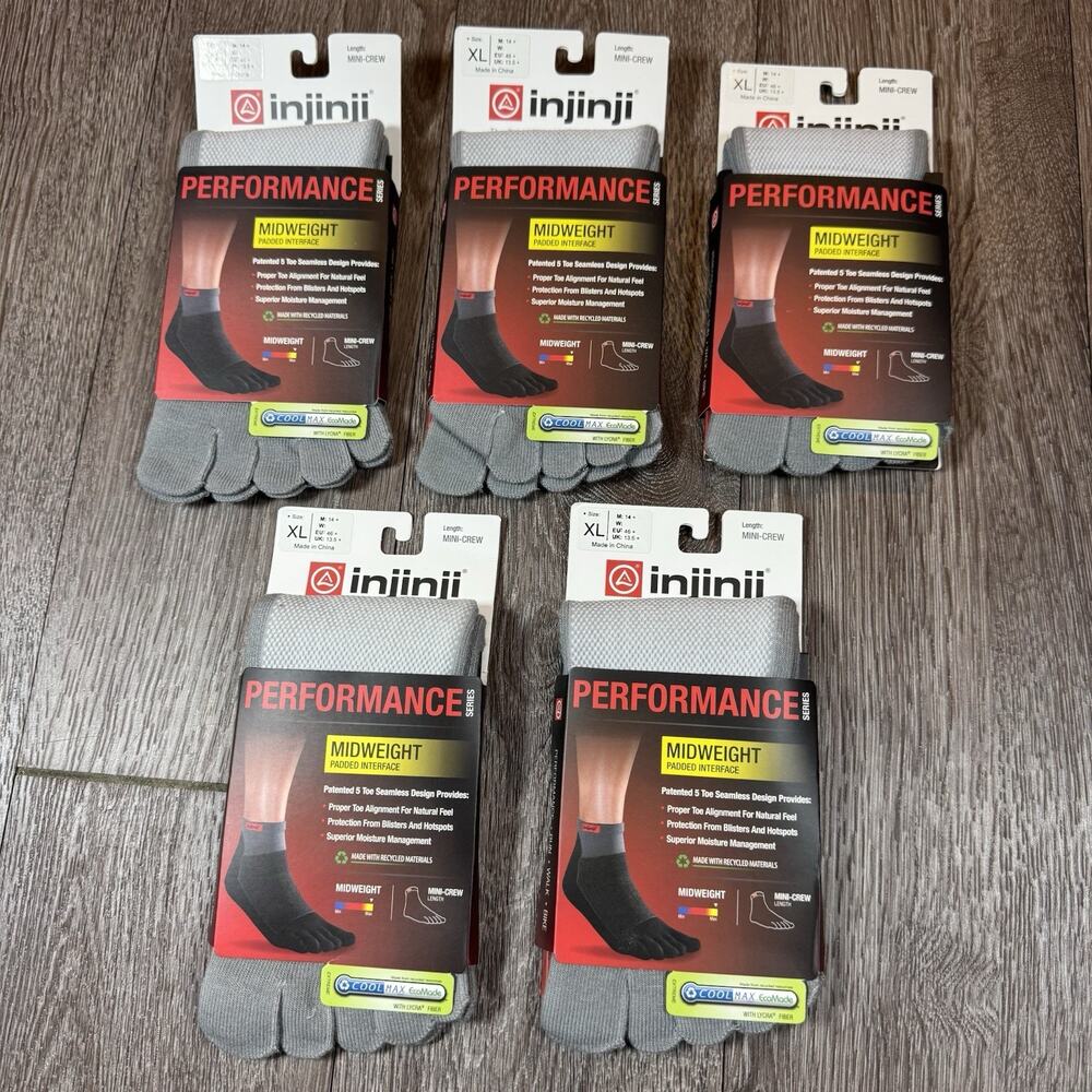 5 Pairs Injinji Performance Trail Midweight Crew Toesocks Socks XL Gray White